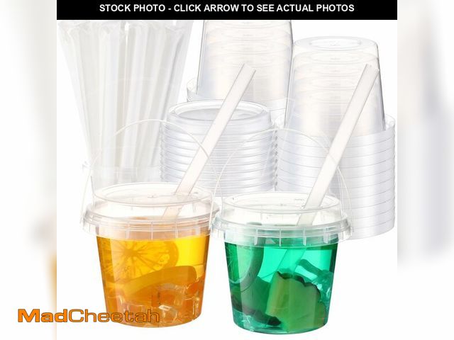Lot 74-12603012 - Funnymoom 50 Set Clear Plastic Cups 16 oz Ice Cream Buckets with Lids and Straws Disposable Drink Cu...