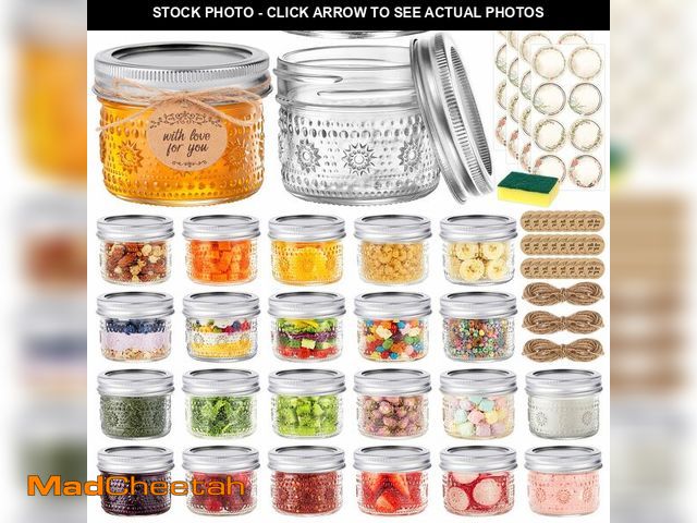 Lot 74-14148758 - igoelove 4 oz Mason Jars with Embossed Pattern 24 Pack | Small Canning Jars with Airtight Lids | Min...