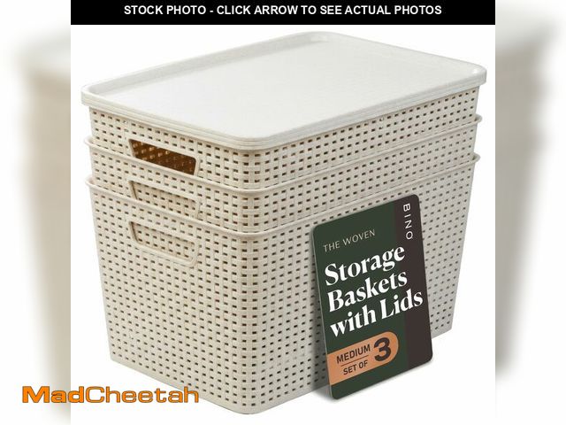 Lot 74-14057353 - BINO | Plastic Storage Baskets with Lids, 22 Liter - 3 Pack, Natural | THE WOVEN COLLECTION | Storag...