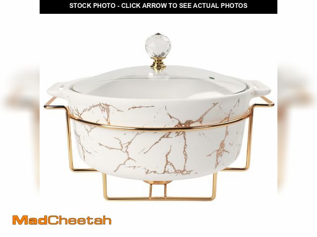 Lot 74-13626329 - jinsongdafa 8.7" Ceramic Casserole Dish with Glass Lid and Gold rack, 2 Quart Serving Soup Tureen,Ch...