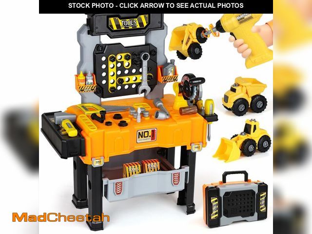 Lot 74-12702845 - Lehoo Castle Kids Tool Bench with Electric Drill and Construction Vehicles, 2-in-1 Workbench and Too...