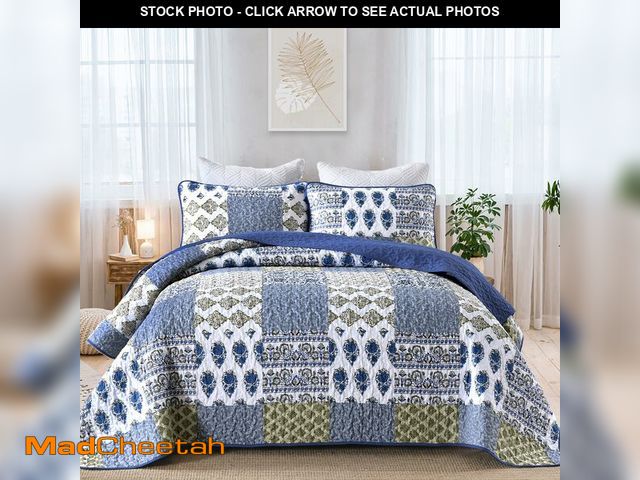 Lot 74-12703978 - Mybedsoul Blue Quilt Set King Size 3 Pieces Boho Plaid Aqua Blue Floral Bedspread Set Microfiber Lig...