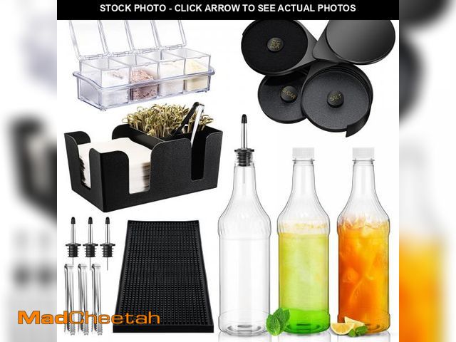 Lot 74-12113388 - Dandat 15 Pcs Bar Caddy Accessories 32 oz Plastic Long Neck Bottles with Speed Pourers Spouts Caps B...