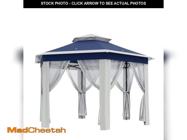 Lot 74-14306473 - OUTGOODS 13 ft. x 13 ft. Blue and Beige Steel Pop Up Outdoor Gazebo with 6 Zippered Mesh Netting, Si...