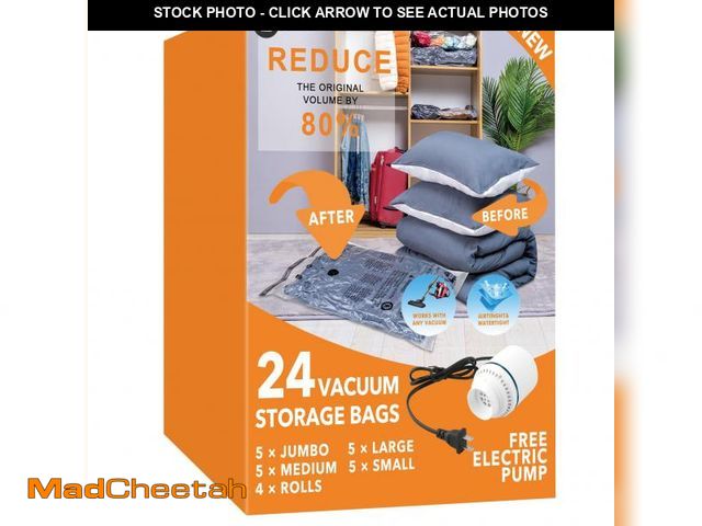 Lot 74-12212221 - 24 Pack Vacuum Storage Bags with Electric Pump, (5 Jumbo, 5 Large, 5 Medium, 5 Small, 4 Roll Up Bags...