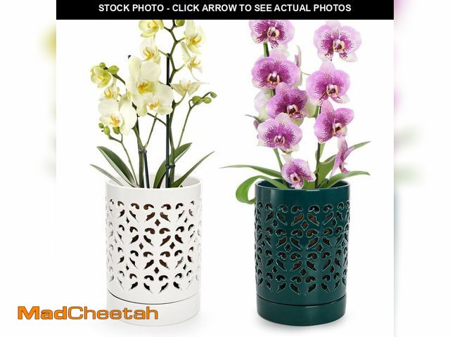 Lot 74-14268868 - Jucoan 2 Pack Orchid Pots with Holes and Saucer, 4 Inch Ceramic Slotted Orchid Planter Pots for Repo...
