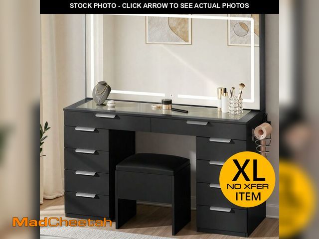 Lot 74-12822865 - DWVO Vanity Desk with Mirror and Lights, Spacious Vanity Table and Chair Set with Power Outlets &amp...