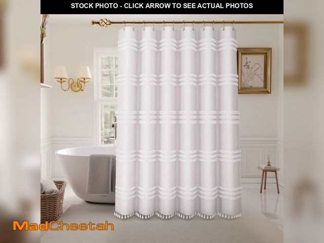 Lot 74-12973525 - Inhousolu Wide Woven Fabric Shower Curtain, 256GSM, Boho Tufted Textured Striped Tassel, Wrinkle Fre...