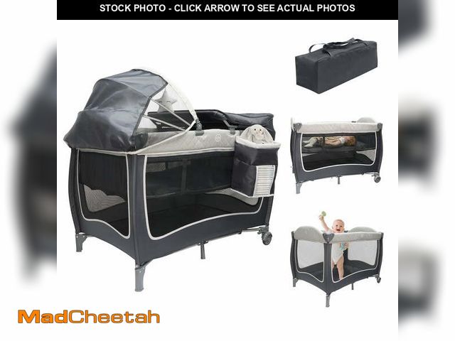 Lot 74-12887603 - Vipsafe Unisex Portable Baby Playard with Wheels, Canopy, Changing Table &amp; Storage Bag, Grey - U...