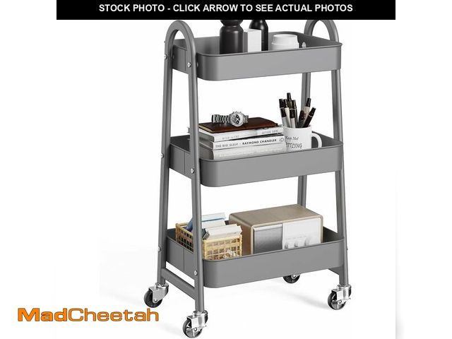 Lot 74-12829119 - OLIXIS 3 Tier Utility Rolling Cart, Metal Mobile Storage Shelf with Lockable Caster Wheels, Organiza...