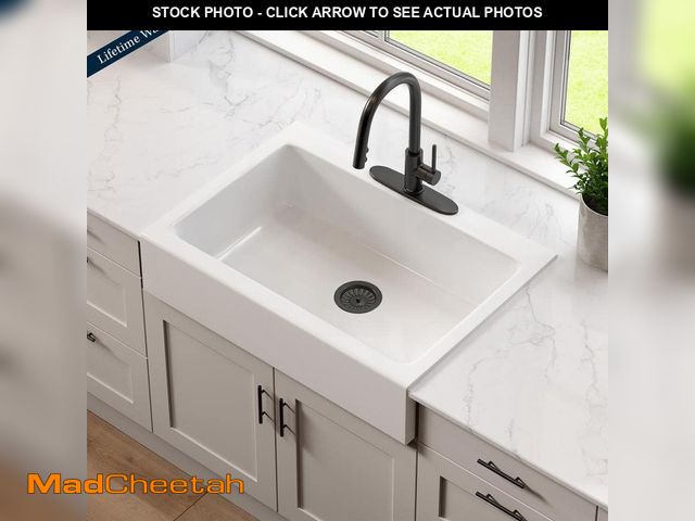 Lot 74-12553572 - SINKOLOGY Josephine 34 in. 3-Hole Quick-Fit Farmhouse Apron Front Drop-in Single Bowl Crisp White Fi...