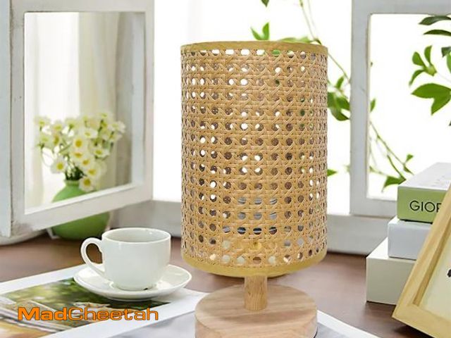Lot 74-12110853 - AFORTLO Table Desk Lamp,Small Rattan Hollow-Out Wicker Bamboo Boho Decorative Nightstand Night Light...
