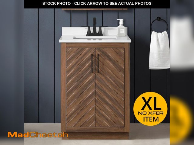 Lot 74-14448732 - Glacier Bay Huckleberry 24 in. Single Sink Freestanding Spiced Walnut Bath Vanity with White Enginee...