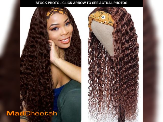 Lot 74-12315564 - YiweYowe 32 Inch #4 Brown Headband Wig Human Hair Deep Wave Chocolate Brown None Lace Front Wigs 150...