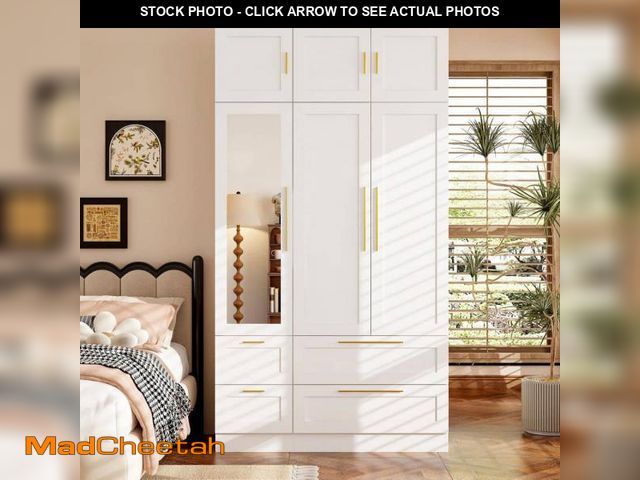 Lot 74-12425256 - FUFU&amp;GAGA White Wood 47 in. W Armoire, Wardrobe with 4-Drawers, 6-Shelves, 1-Hanging Bar, 1-Mirr...