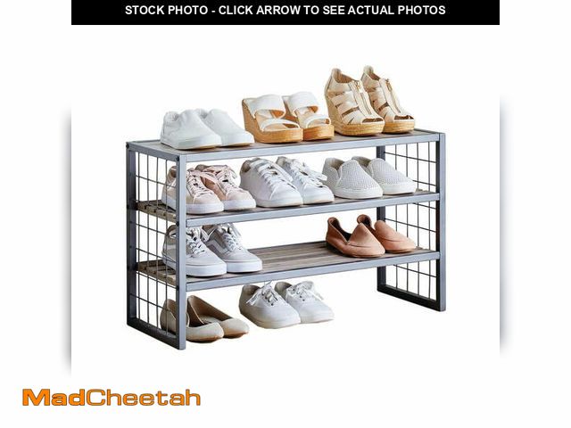 Lot 74-12884653 - Better Homes &amp; Gardens Farmhouse 3 Tier Shoe Rack, Gray, 30IN Wx 12 IN Dx 18IN H, Holds up to 12...