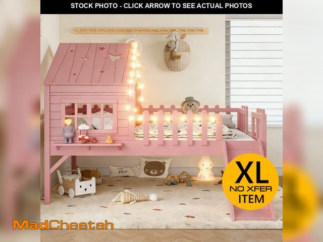 Lot 74-14611794 - Bellemave Full Size Kids Low Loft Bed with Slide,House Loft Bed with LED Lights and Ladder,Solid Woo...