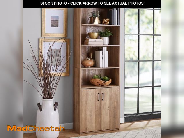 Lot 74-12406555 - Mainstays Traditional 5 Shelf Bookcase with Doors, Weathered Oak Finish - UNUSED