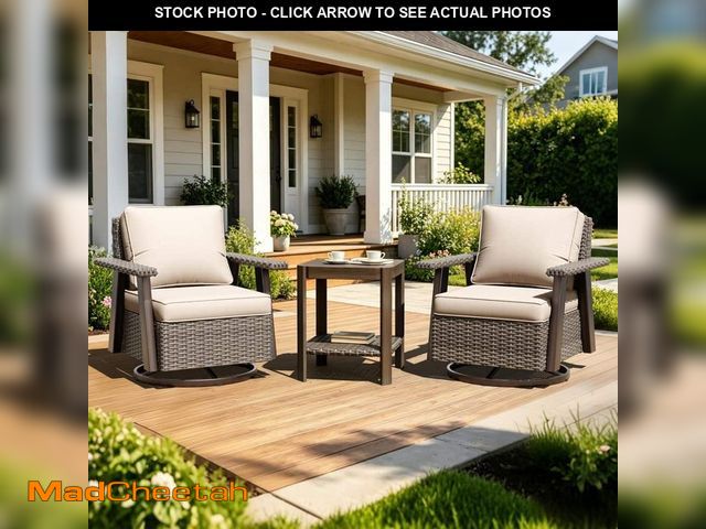 Lot 74-14468100 - JOYSIDE 3-Piece Wicker Patio Swivel Rocking Chair Conversation Set with Beige Cushions M50A-BGE-THD ...