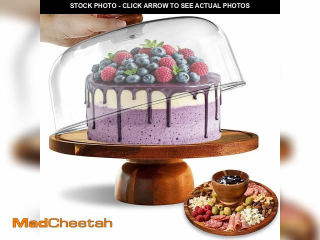 Lot 74-12979881 - Wood-Cake-Stand With Acrylic Dome Lid, Round Wooden Cake Holder Plate With Cover, 2-in- 1 Dessert Ta...