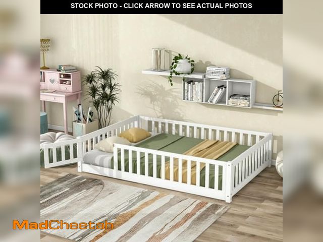 Lot 74-12253021 - Uhomepro Kids Toddler Bed with Fence and Door  Full Size Platform Bed Floor Bed  Wood Bed Frame No B...