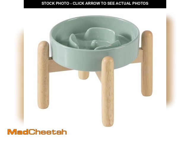 Lot 74-12307590 - Havniva 6.1inch Ceramic Raised Slow Feeder Dog Bowl Set, Elevated Wooden Stand for Small Dog and Cat...