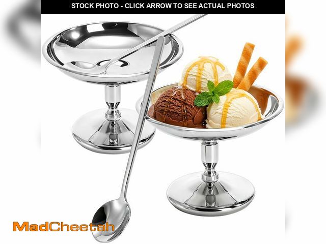 Lot 74-13626383 - Jowgut 2 Pack Silver Ice Cream Bowls, Mini Stainless Steel Dessert Cup with Spoon, Small Footed Dess...