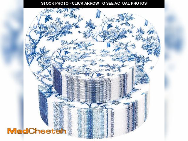 Lot 74-13624280 - EI 60pcs Blue Plastic Plates Disposable Heavy Duty,Blue and White Floral Disposable Plates,10.25" Di...