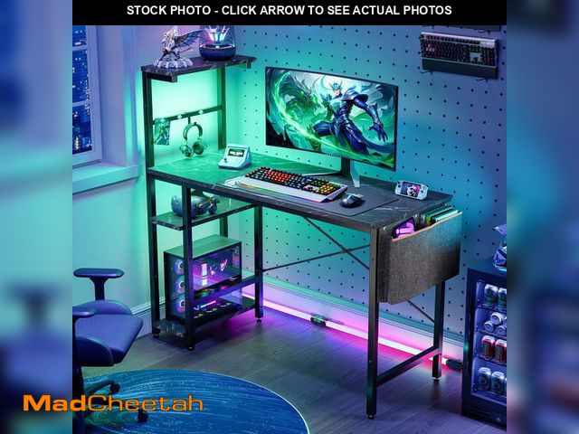 Lot 74-12782653 - Bestier Reversible 44 inch Computer Desk with LED Lights Gaming Desk with 4 Tier Shelves Black Marbl...