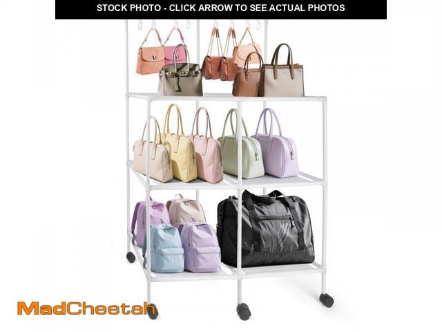 Lot 74-12307084 - GIASSVIO Floor-Standing 3-Tier Purse Organizer with 8 Purse Hooks, Movable Purse Rack with 6 Wheels,...