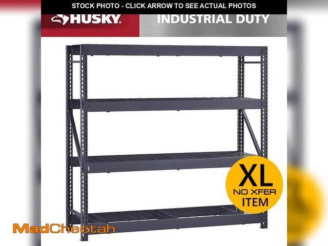 Lot 74-12651814 - Husky 4-Shelf Metal Industrial Duty Freestanding Garage Storage Shelving Unit in Black (77 in. W x 7...