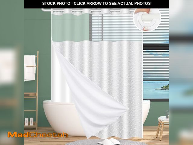 Lot 74-14380279 - FADOTY No Hook Shower Curtain and Snap in Liner Set White Tufted Chevron Striped Cloth Waterproof Wa...