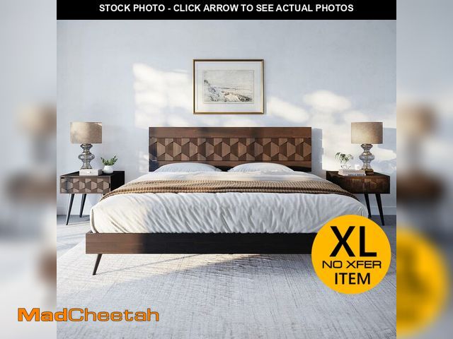 Lot 74-12392095 - Bme Georgina Signature Bed Frame with Handcrafted Geometric Headboard, Mid Century Modern, Solid Aca...