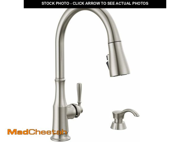 Lot 74-13696450 - Delta Capertee Brushed Nickel Kitchen Faucet with Pull Down Sprayer and Soap Dispenser, Modern Singl...