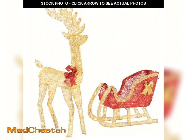 Lot 74-13053253 - MCQ 4ft Lighted Reindeer with Sleigh, 180 LED Outdoor Christmas Yard Decoration for Holiday, Red Gol...