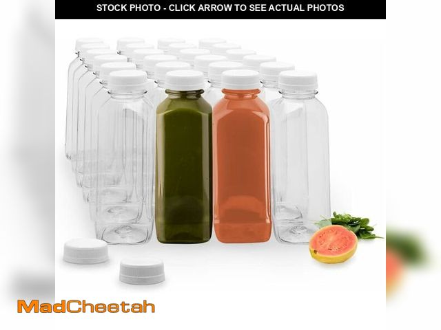 Lot 74-13710402 - Restaurantware-16 ounce Square Plastic Juice Bottles, 100 Cold Pressed Clear PET Bottles with Tamper...