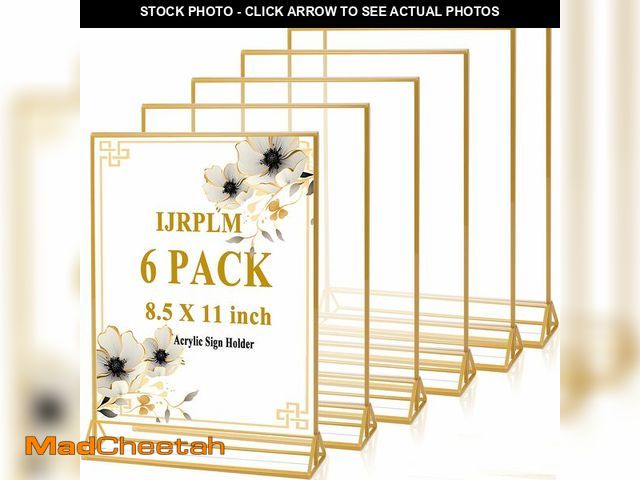 Lot 74-14335415 - IJRPLM 6Pack Gold Acrylic Sign Holders, 8.5x11in, Double Sided Flyer Holder, Clear with Gold Border,...