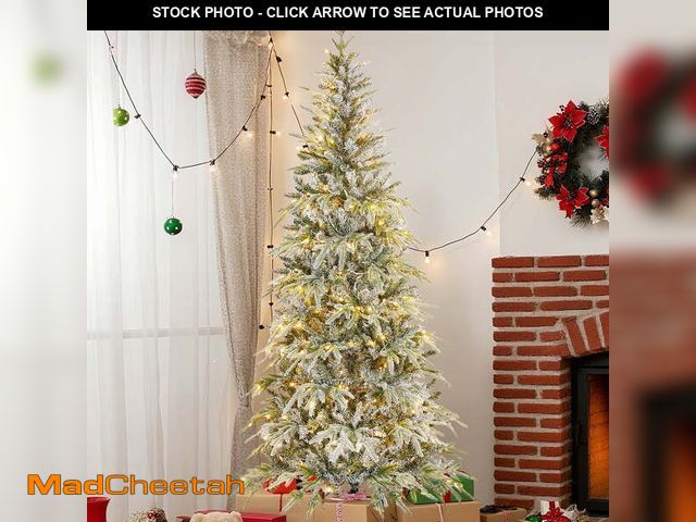 Lot 74-12888113 - Qunler 7ft Pre-lit Snow Flocked Artificial Christmas Tree with 300 Warm Lights 8 Modes, 700 PE+PVC S...