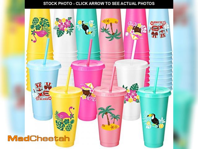 Lot 74-12433801 - Blushtier 12 Pcs Hawaiian Plastic Cups Bulk 24 oz Aloha Tropical Luau Plastic Tumbler with Lid and S...