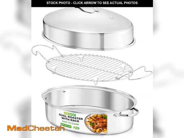 Lot 74-12137153 - NutriChef 20" Oval Roasting Pan with Rack and Lid - Premium Stainless Steel Roaster Dish w/ Wide Han...