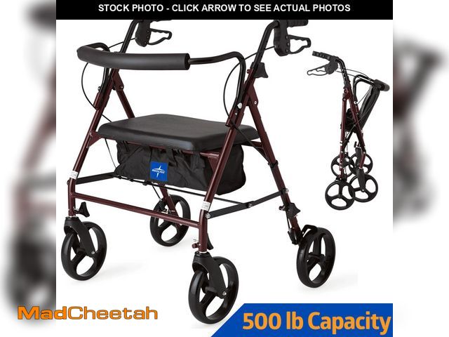 Lot 74-12833474 - Medline Rolling Walker, Folding Rollator with Seat and 8-In Wheels, Heavy Duty, Burgundy, 400 lb Wei...