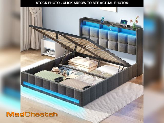 Lot 74-12786845 - Rolanstar Bed Frame Full Size with Lift Up Storage, Charging Station &amp; LED Lights, Upholstered S...