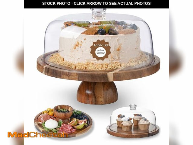Lot 74-12973971 - Kanwone Acacia Wood Cake Stand with Acrylic Lid - 12in Cake Plate, Multi-Functional Dessert Table Di...