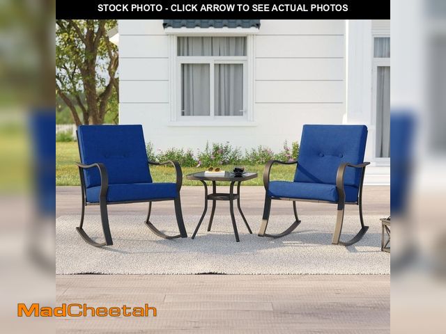 Lot 74-14291102 - Sonkuki 3-Piece Metal Frame Outdoor Bistro Set 2 Rocking Chairs with Blue Cushions and Tempered Glas...