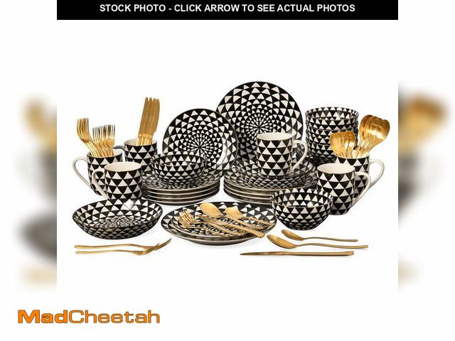 Lot 74-14071015 - Thyme &amp; Table 60-Piece Medallion Dinnerware &amp; Gold Flatware Set, Service for 6 - UNUSED