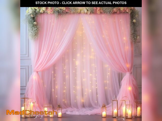 Lot 74-13621205 - 30x8ft Baby Pink Tulle Backdrop Curtain with Lights String for Parites, Sheer Photo Backdrop Curtain...