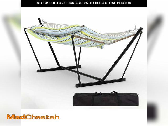Lot 74-14587331 - (MISSING HARDWARE) Garvee Double Hammock with Stand, Heavy Duty with Balance Rope, Blue &amp; Green ...