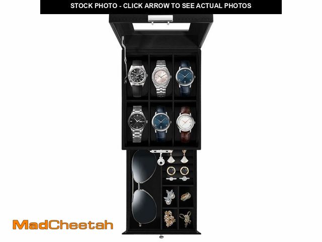 Lot 74-14065900 - Uten 6-Slot Watch Box, 2-Layers PU Leather Watch Case with Glass Lid, Watch Holder Organizer with So...