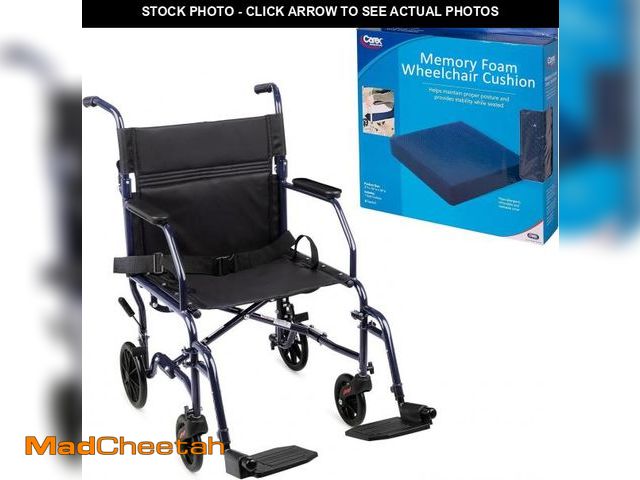 Lot 74-12398892 - Carex Transport Wheelchair with Wheelchair Cushion, 19 inch Seat - Folding Transport Chair with Foot...