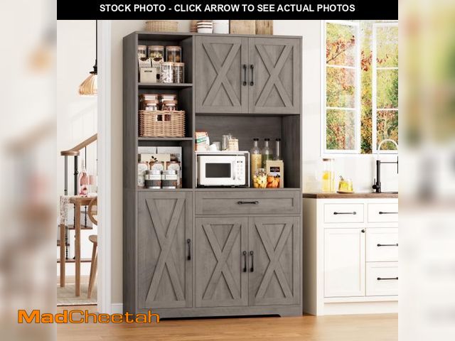 Lot 74-12421344 - Hiphuta 71" Farmhouse Kitchen Pantry Storage Cabinet, Freestanding Hutch with Doors and Drawer, Shel...
